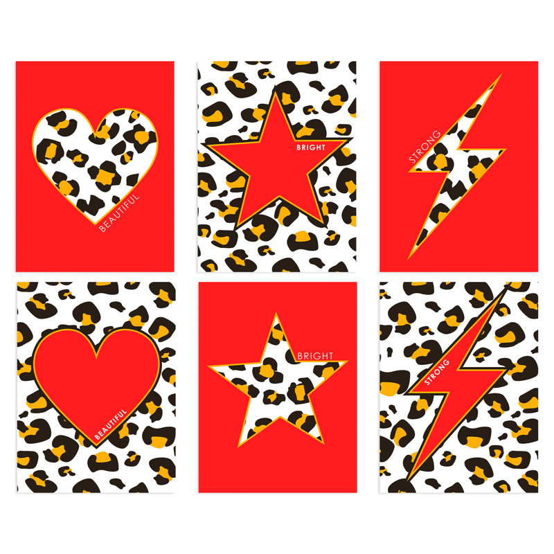 Leopard Pattern Bold Shapes - 6 Piece No Frame Print Set, 40.5cm H x 30.5cm W x 0.3cm D, Multicoloured Red