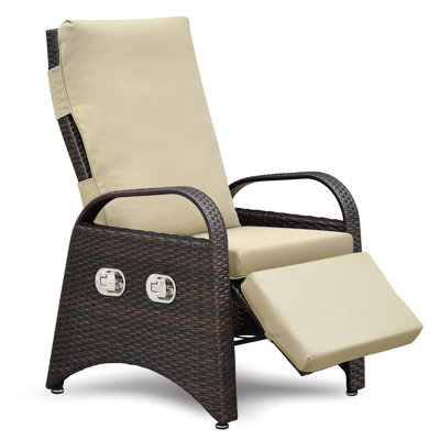 Fauteuil inclinable d'extérieur, fauteuil de détente inclinable réglable en osier avec mécanisme de réglage séparé et coussin moelleux amovible, fauteuil moderne et ergonomique pour la maison, le soleil ou la détente