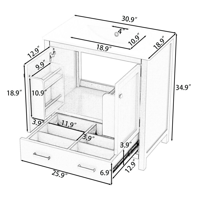 Meuble-lavabo multifonctionnel avec lavabo et tiroir de rangement, Noir, noir, noir, noir