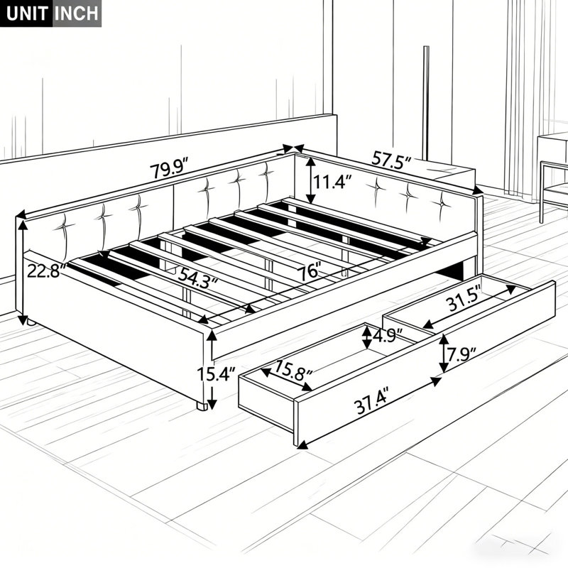 Bed with USB and 2 Drawers, Full/Double