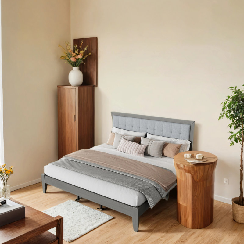 King-Size Bed Frame With Soft-Padded Headboard, King