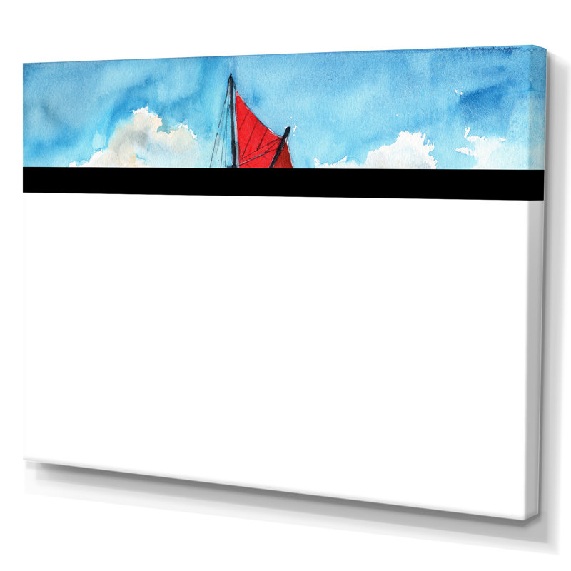 Voilier avec voiles rouges sur l'océan bleu - Peinture sur toile, H 16 po x l 32 po, Toile tendue
