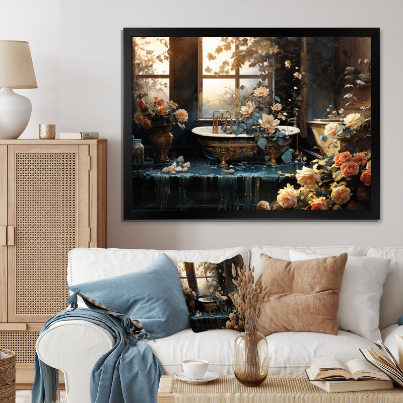 Baignoire fabriquée en or - Reproduction d'art mural, H 16 po x l 32 po x P 1 po, Cadre photo noir