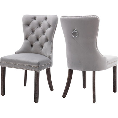 Velvet Dining Chairs Set of 2, Elegant Tufted & Nailhead, Wood Legs, Soft Upholstery, Stylish Display with Pull Ring, Ergonomic High Back Support for Dining Rooms Use, Easy and Quick Assembly, Light Grey
