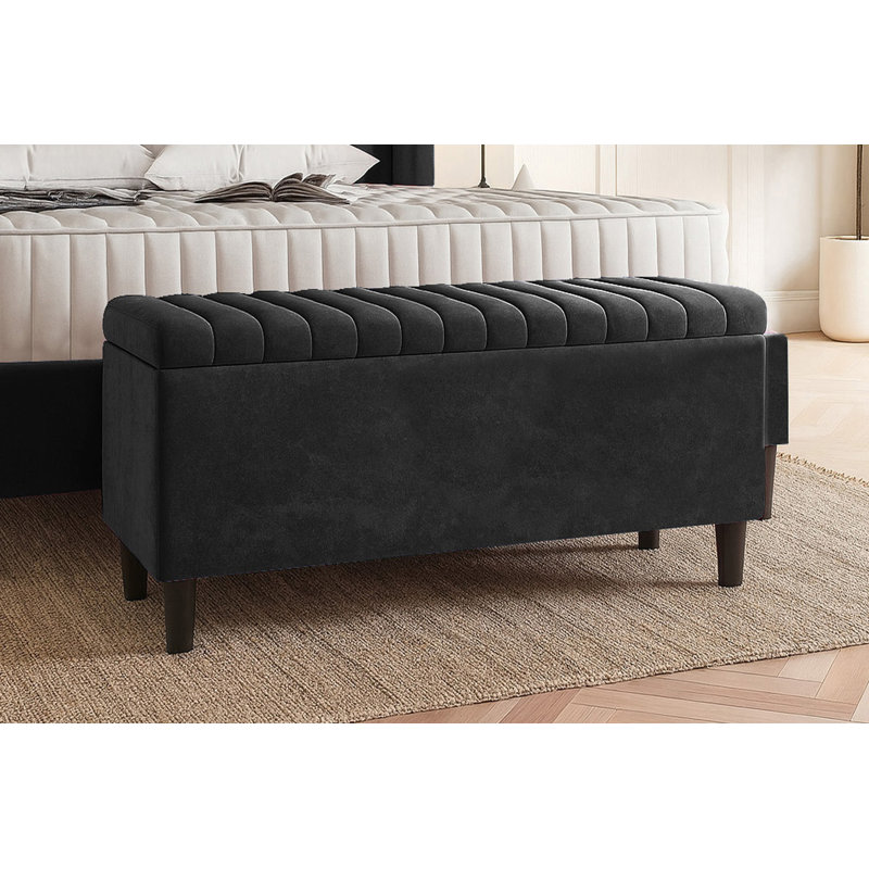 Plush Velvet Lined Upholstered Ottoman Storage Box with Wooden Legs, 45cm H X 137cm W X 40cm D, Black