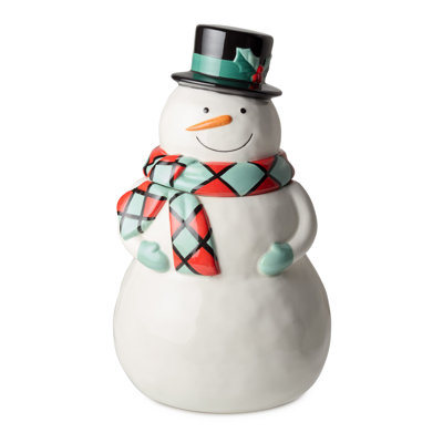 Christmas Whimsy Snowman 3-D Cookie Jar – 72oz Ceramic Holiday Treat Jar with Lid, Plaid Scarf and Top Hat Accent – Festive Winter Kitchen Decor for Cookies, Candy or Gifts