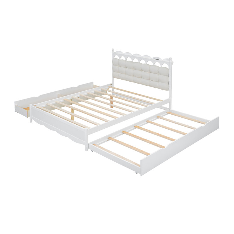 Grand lit plateforme en bois avec 2 grands tiroirs, lit gigogne simple TG, 1 ensemble de prises et ports USB, blanc