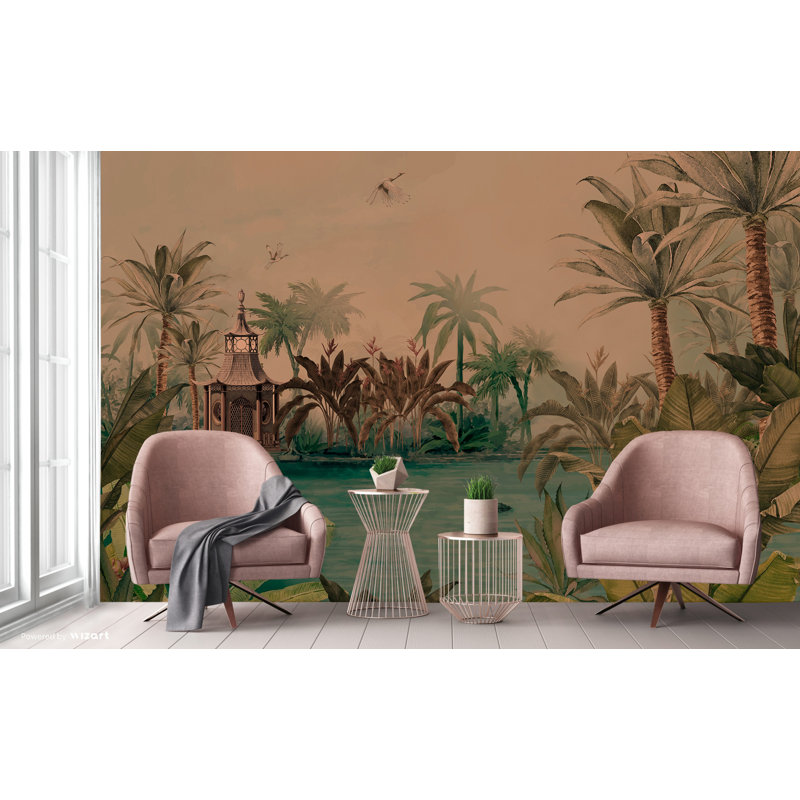Mur de cygnes palmiers tropicaux, L 110,04 po x l 122 po, Rose