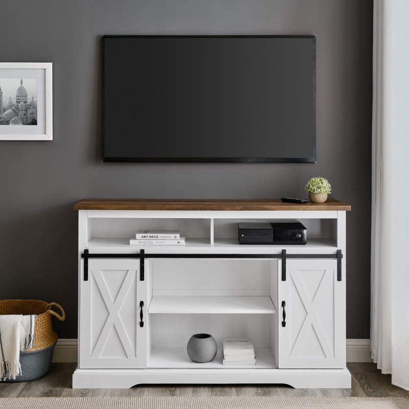 Meuble télé 52 po avec portes coulissantes pour téléviseur de 60 po ou moins Kosjo, Blanc uni / chêne rustique