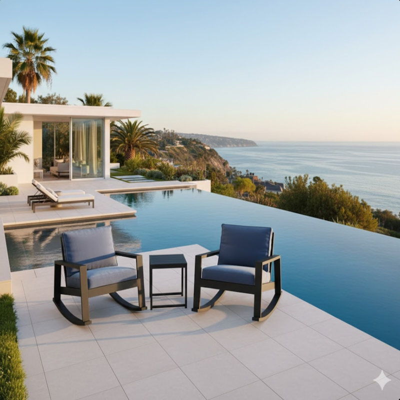 Ensemble bistro en aluminium d'extérieur avec chaises berçantes surdimensionnées de 38 pouces de largeur et coussins bleus