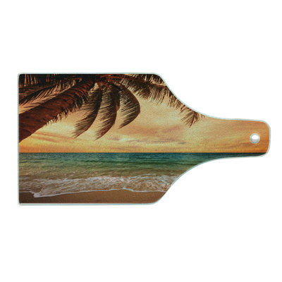Ambesonne Tropical Tempered Glass Cutting Board Exotic Seascape with Palm Multicolor