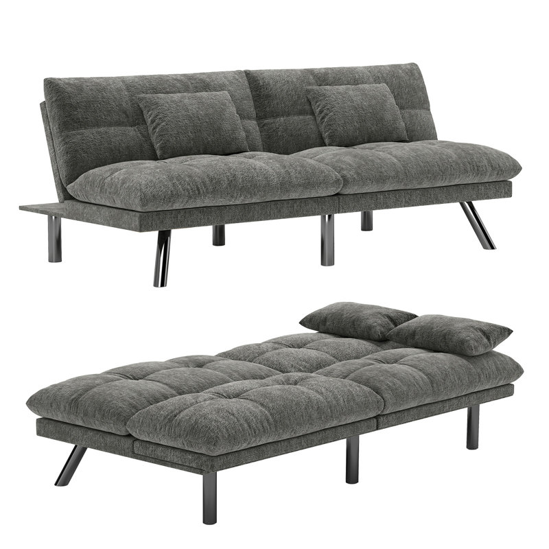 Futon Sofa Bed Convertible 70 Inch Solid Wood Couch For Living Room, Chenille Fabric, 2 Cushions, Gray