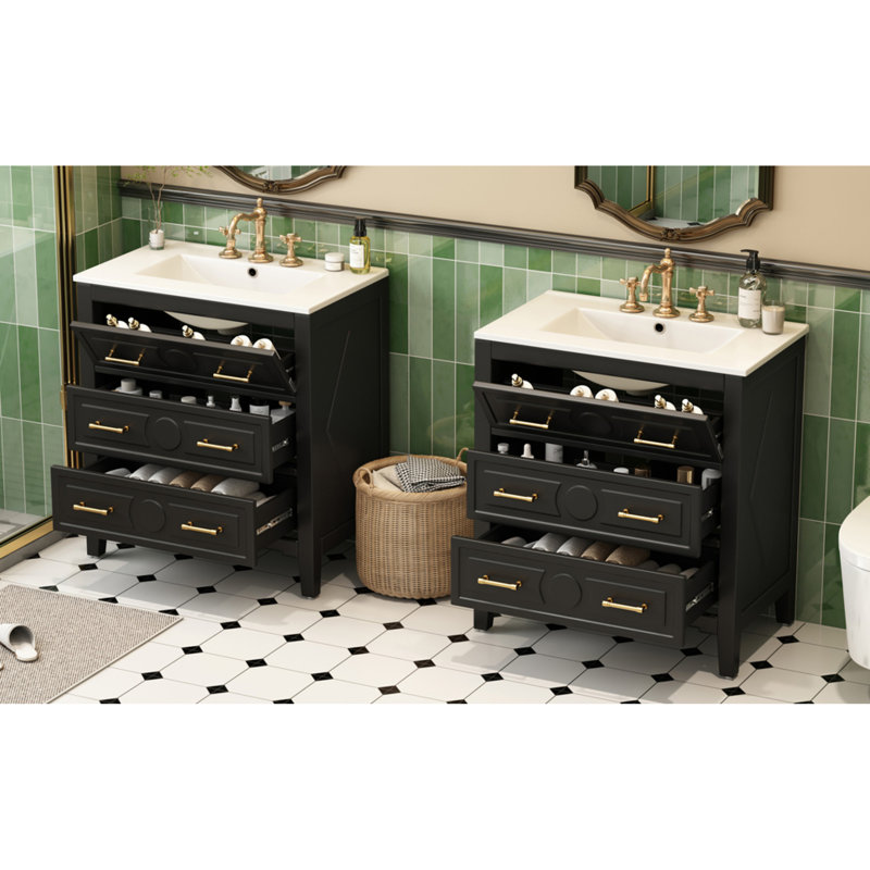Meuble-lavabo de salle de bain rétro polyvalent en bois massif pour des ambiances relaxantes