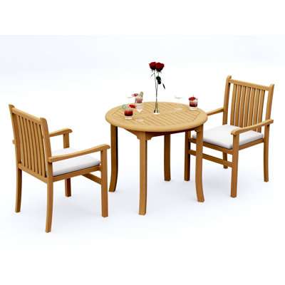 3 Pcs Grade-A Teak Wood Dining Set: 36" Round Table And 2 Angarano Stacking Arm Chairs #11CH0702