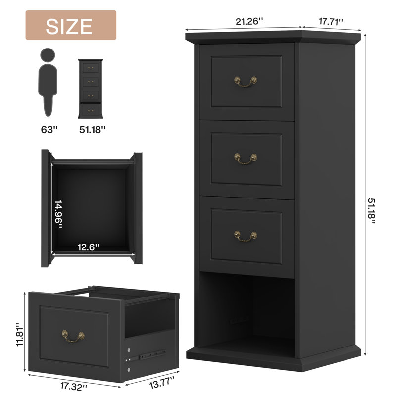 Wylde 4 Drawer Vertical Filing Cabinet, Black