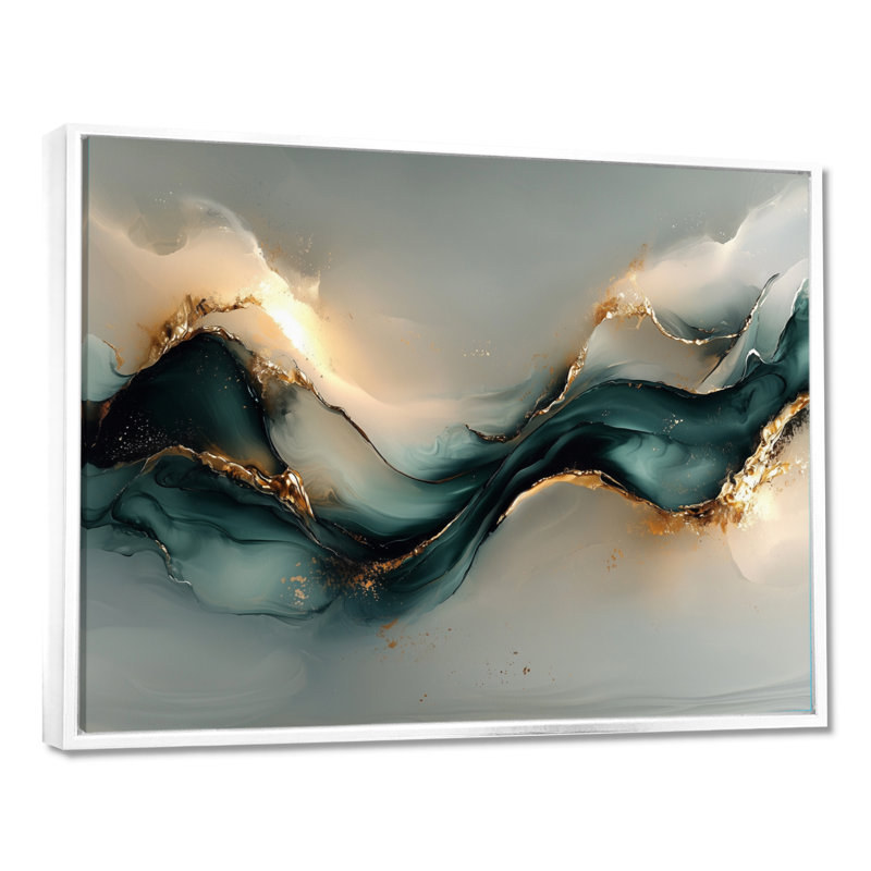 Marbre émeraude fractal océanique II - art mural abstrait en marbre, H 30 po x l 40 po, Cadre flottant, Blanc