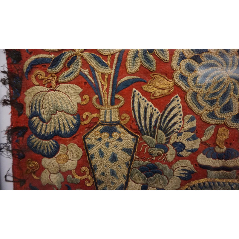 Antique Floral Chinese Small Size Wool & Silk Coral Color Framed Textile