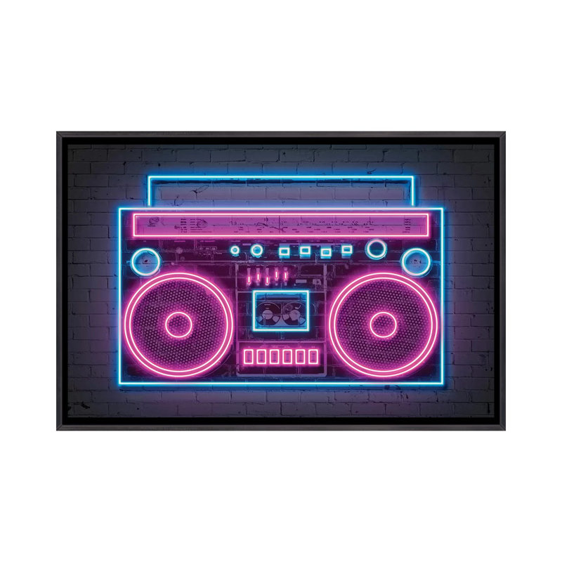 Reproduction d’art graphique « Boombox Neon » par octave Mielu, Toile avec cadre noir patiné, Pas de tapis