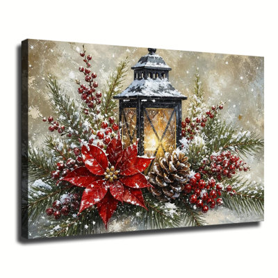 Art mural sur toile, lanterne noire avec poinsettias, baies rouges et pommes de pin dans la neige qui tombe