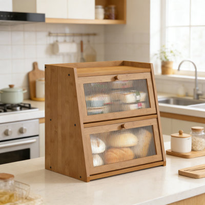 Très grande boîte à pain en bambou avec rangement double couche et porte ondulée en acrylique, corbeille à pain de grande capacité pour la fraîcheur et l'organisation