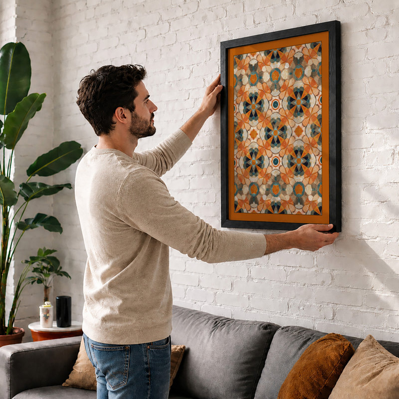 Ornamental Medallion Pattern Geometric - Framed Print, A2 - 59.4 x 42.0 cm, White