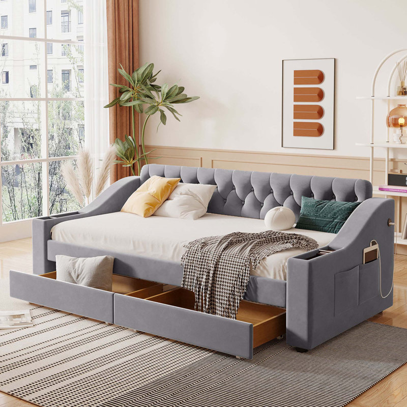 Lit de jour simple rembourré avec accoudoirs de rangement et port USB, Gris