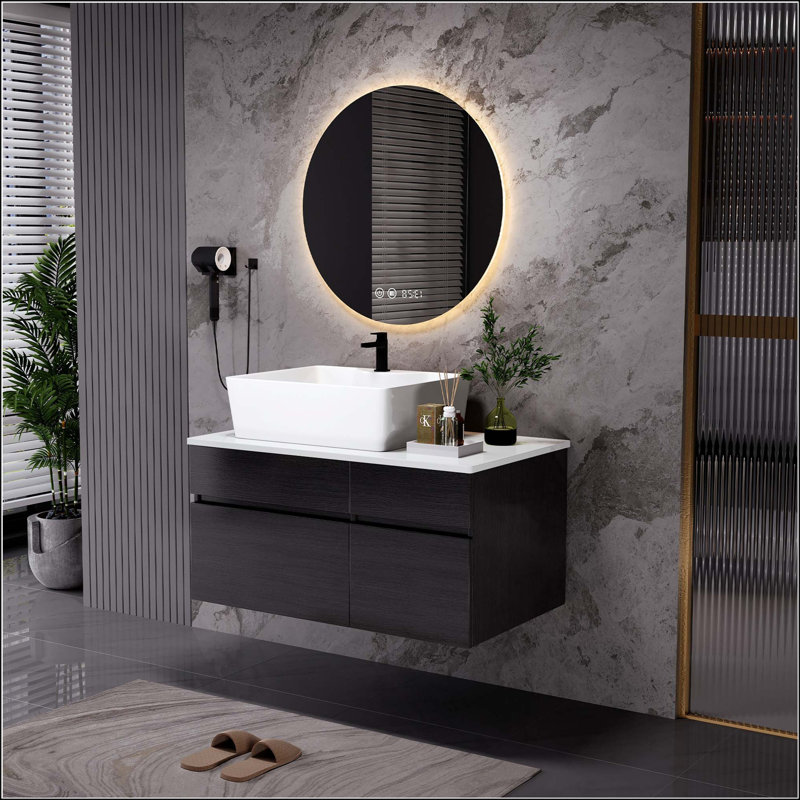 Petit meuble-lavabo mural 31,5 "avec lavabo vasque, Black