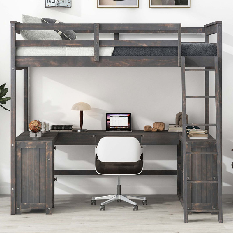 Full Size Loft Bed with U-shaped Desk, Drawers and Storage Shelves,, Full, Brown