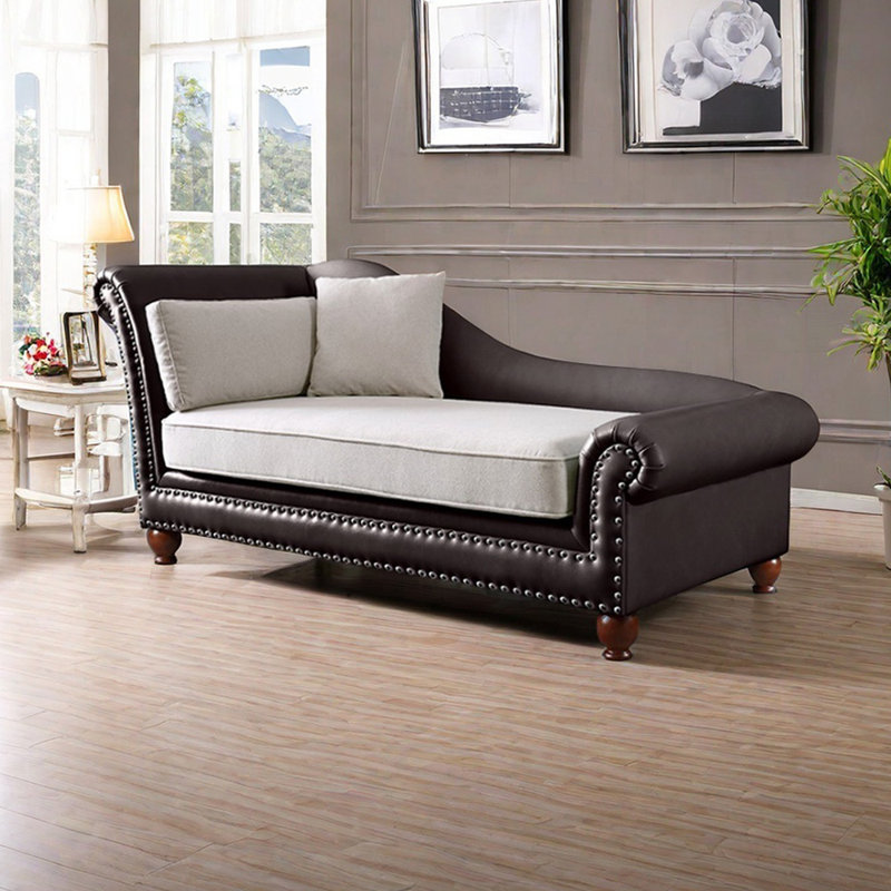 Chaise longue en coton et lin, pieds robustes en bois, Gris / café foncé, Accoudoir à gauche (vu de face)