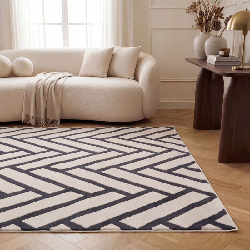 Loft Modern Chevron Living Room Area Rug and Runner Soft Pile, Rectangle 200 x 290 cm, Navy/Ivory