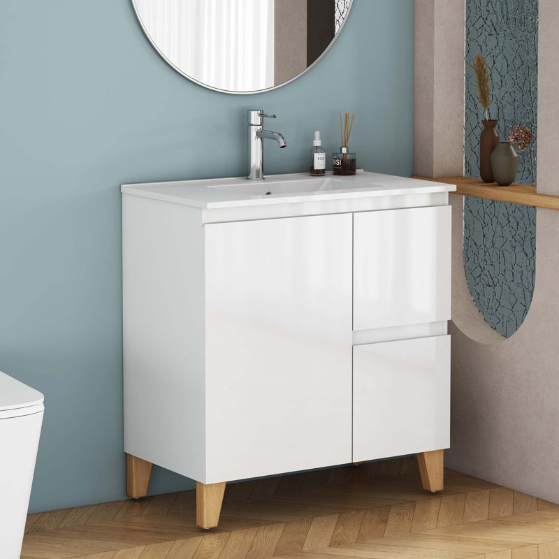 Ensemble de meuble-lavabo moderne de 31,5 po avec lavabo, armoire avec 1 porte et 2 tiroirs, système de rangement en douceur, pieds en bois massif sans poignée, assemblage facile