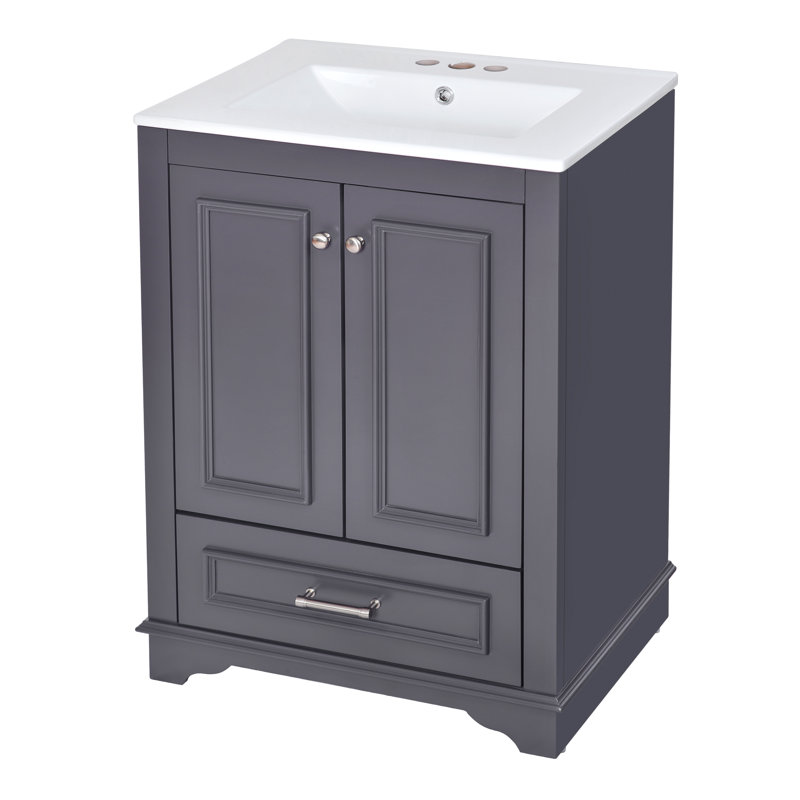 Meuble de rangement moderne autoportant avec portes à fermeture douce et lavabo en céramique blanche