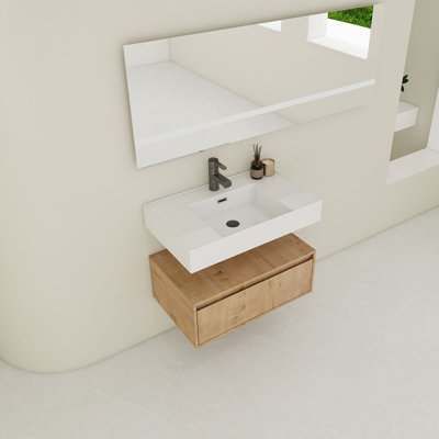 Meuble-lavabo mural de 30 po avec lavabo en résine, tiroir à fermeture en douceur et fixation flottante