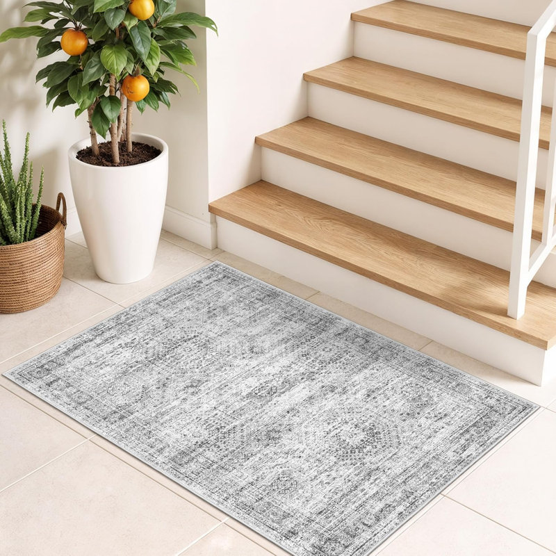Vintage Distressed Non Slip Washable Rug(Grey), Rectangle 2' x 3'