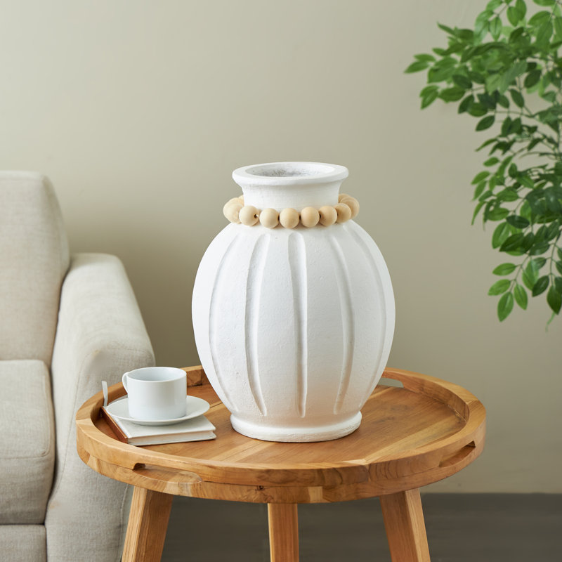 Cole And Grey Magnesium Oxide Wide Decorative Vase With Light Brown Beads And Carved Grooves, 15.15" H x 11.65" W x 11.65" D