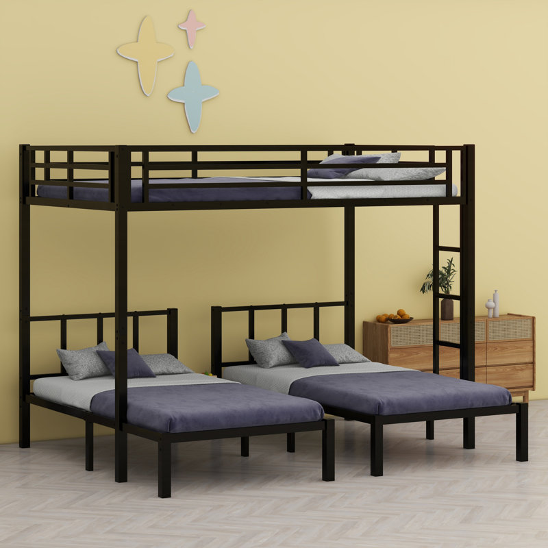 Metal Triple Bunk Bed With Safety Guardrails