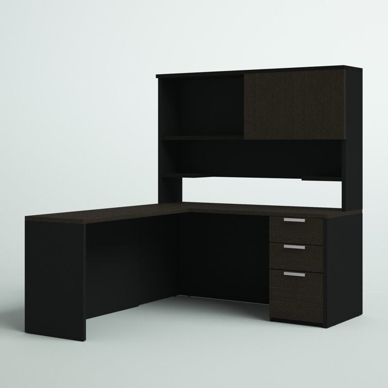 Bureau en coin réversible en L avec piédestal et huche Kadian, Noir