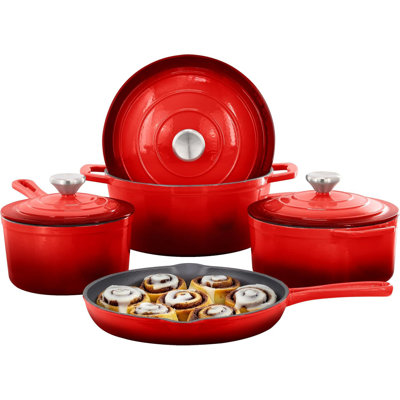 7 Piece Enameled Cast Iron Cookware Set, Heavy Duty Pots And Pans With Durable Enamel Finish, Cast Iron Kitchen Cookware Collection, Red