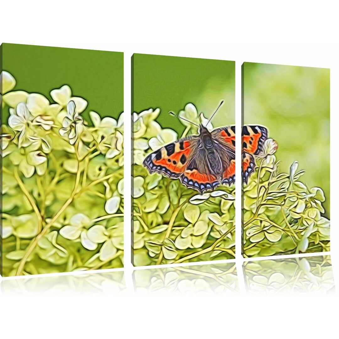 3-tlg. Leinwandbilder-Set „Farbenfroher Schmetterling auf en Blüten“, Grafikdruck