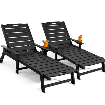 Outdoor Lounge Chair Set of 2 with 5-Position Adjustable, Pool Lounge Chair with Portable Wheels, Cup Holder, HDPE Tanning Chair for Outside, Poolside, Patio