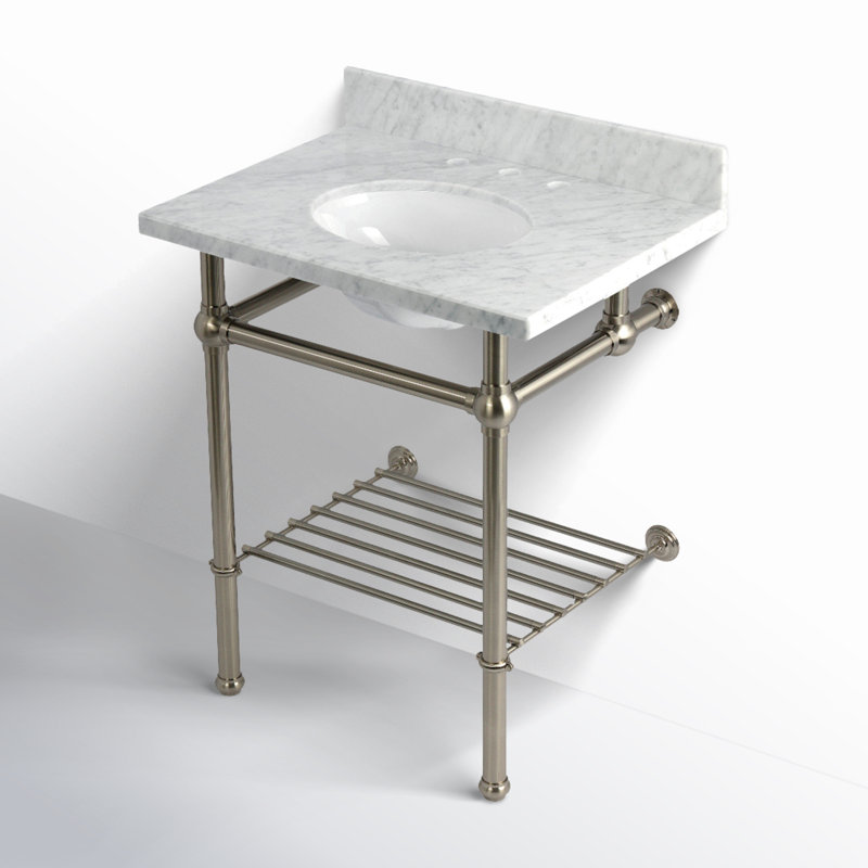 Kingston Brass Templeton 30-Inch Carrara Marble Console Sink with Brass Legs and Shelf (8-Inch, 3-Hole)