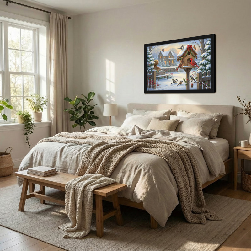 Scène de Noël d'hiver avec oiseaux et écureuil, H 24 po x l 36 po