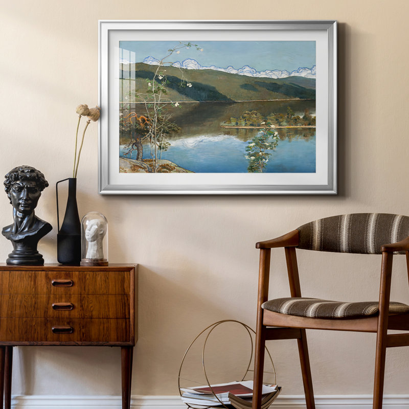 Paysage de lac avec des fleurs blanches - Inconnu (monogramme EK / AKK) - reproduction encadrée avec passe-partout et verre - 1899