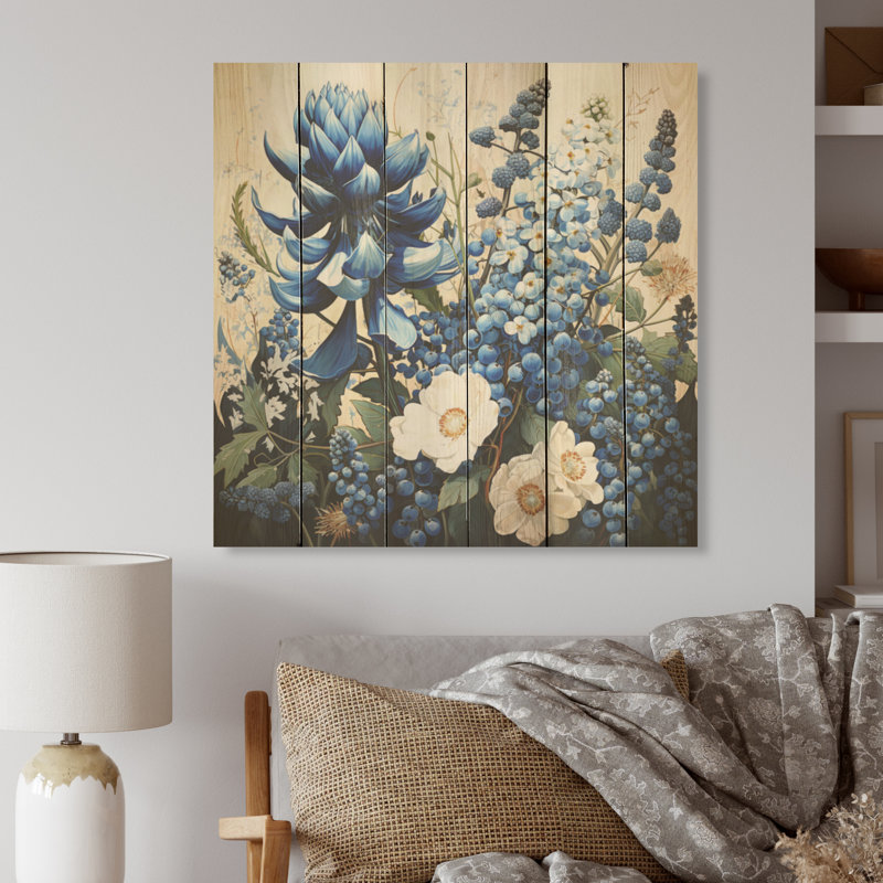Blue Bonnets, fleurs blanches - Blue Bonnets, art mural sur bois de pin naturel, H 15 po x l 15 po
