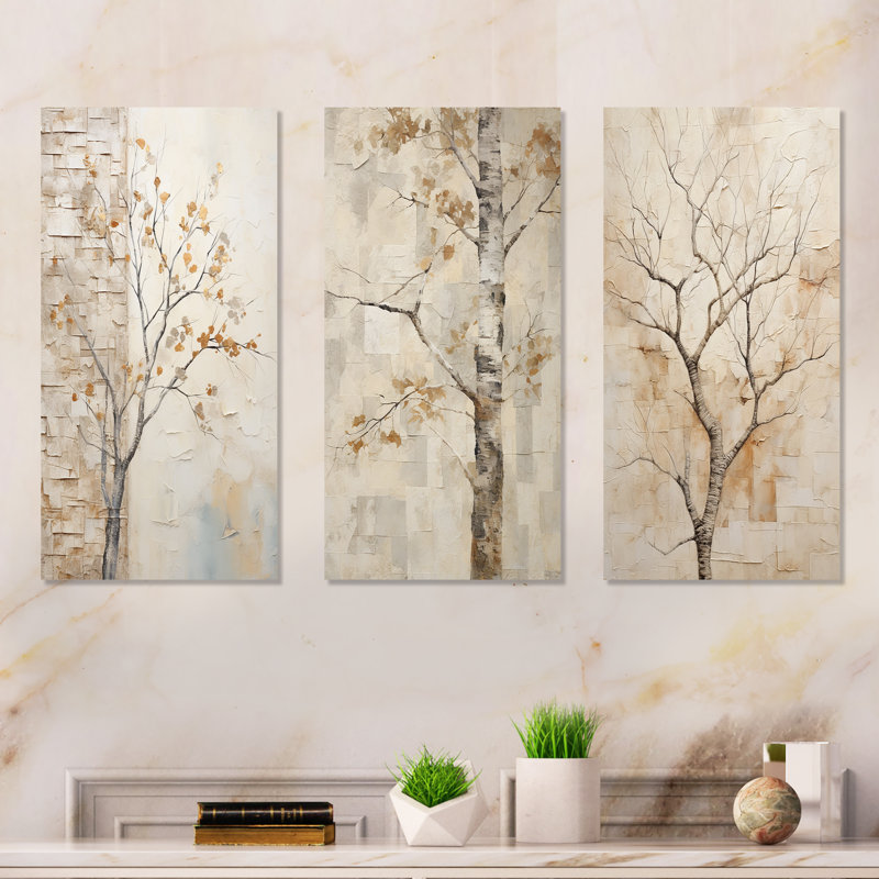 Minimalisme sycomore beige arbre solitude - ensemble de 3 décorations murales sycomore, Toile tendue, H 32 po x l 48 po