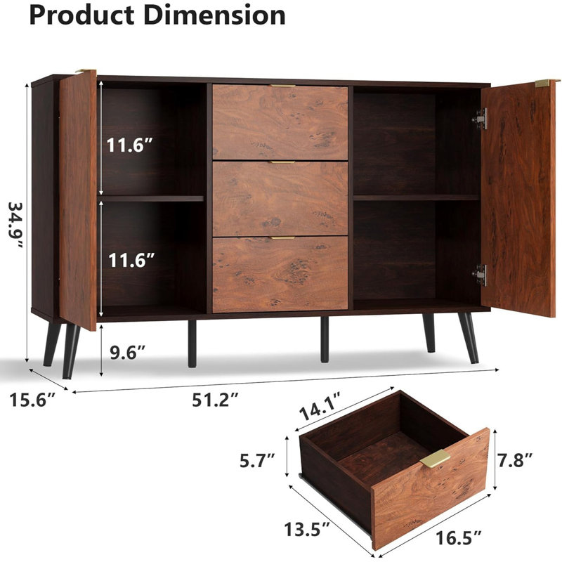 52.1" Wood Sideboard Buffet Cabinet with Drawers, Farmhouse Coffee Bar Storage for Living Room, Kitchen, Entryway – Red Walnut