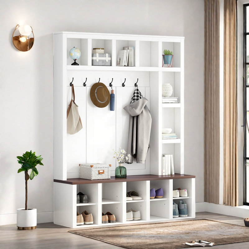 Farmhouse Wooden Hall Tree With Coat Rack, Sitting Bench, Display Shelves And 13 Cubbies, White/Walnut