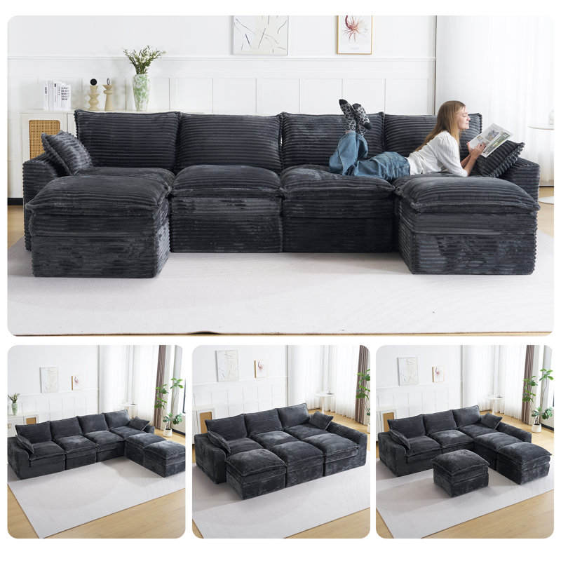 Modular Sofa Set: Extra-large U-shaped Frameless Sofa With Footstool, No Assembly Required, Gray Corduroy