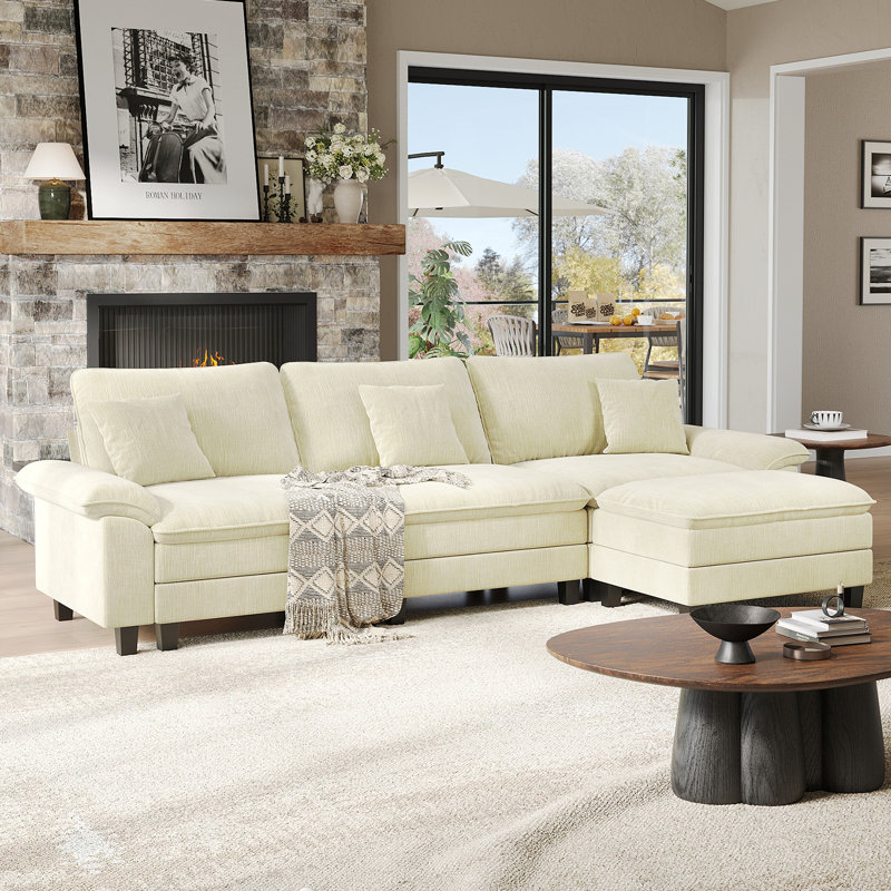 123'' Cloud Modular Couch Sofa, Oversized 3 Seat Comfy Sofa For Living Room, Sectional Couches With Ottoman, Detachable Seat Cushion & Backrest Cover, Chenille Fabric Beige