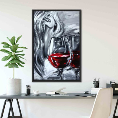 Élégante toile d'art moderne avec femme et vin - Grande décoration murale pour la maison ou la chambre de fille